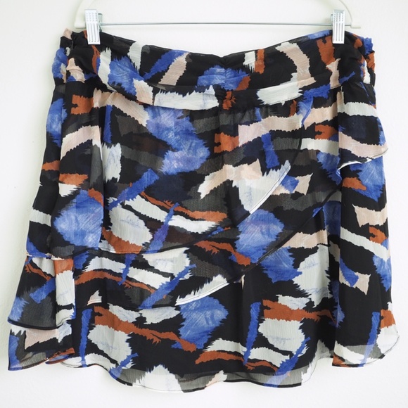 Nine West Blue Black Camel Abstract Ruffle Mini Skirt Women Size XL Flowy Layer - Picture 5 of 6